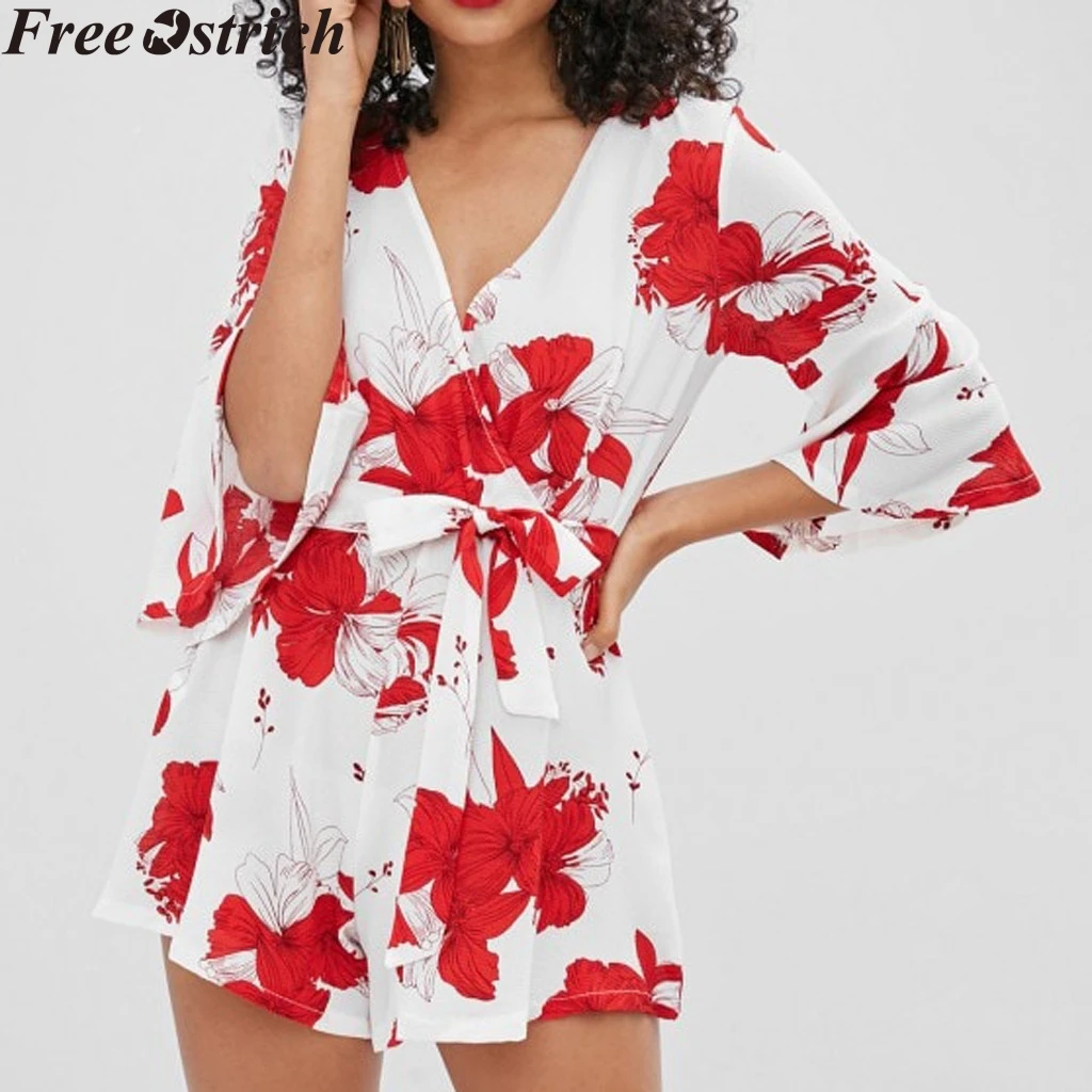 

Women Summer Belt Jumpsuit Short Short Sleeve Loose Flower Print High Waist Plus Size Jumpsuit Ladies Casual V-neck Rompers