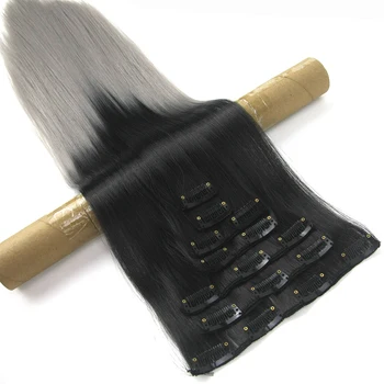 Soowee 24inch 7pcs/set 16Clips Full Head Straight Synthetic Hairpieces Heat Resistant Black to Grey Ombre Clip in Hair Extension 3