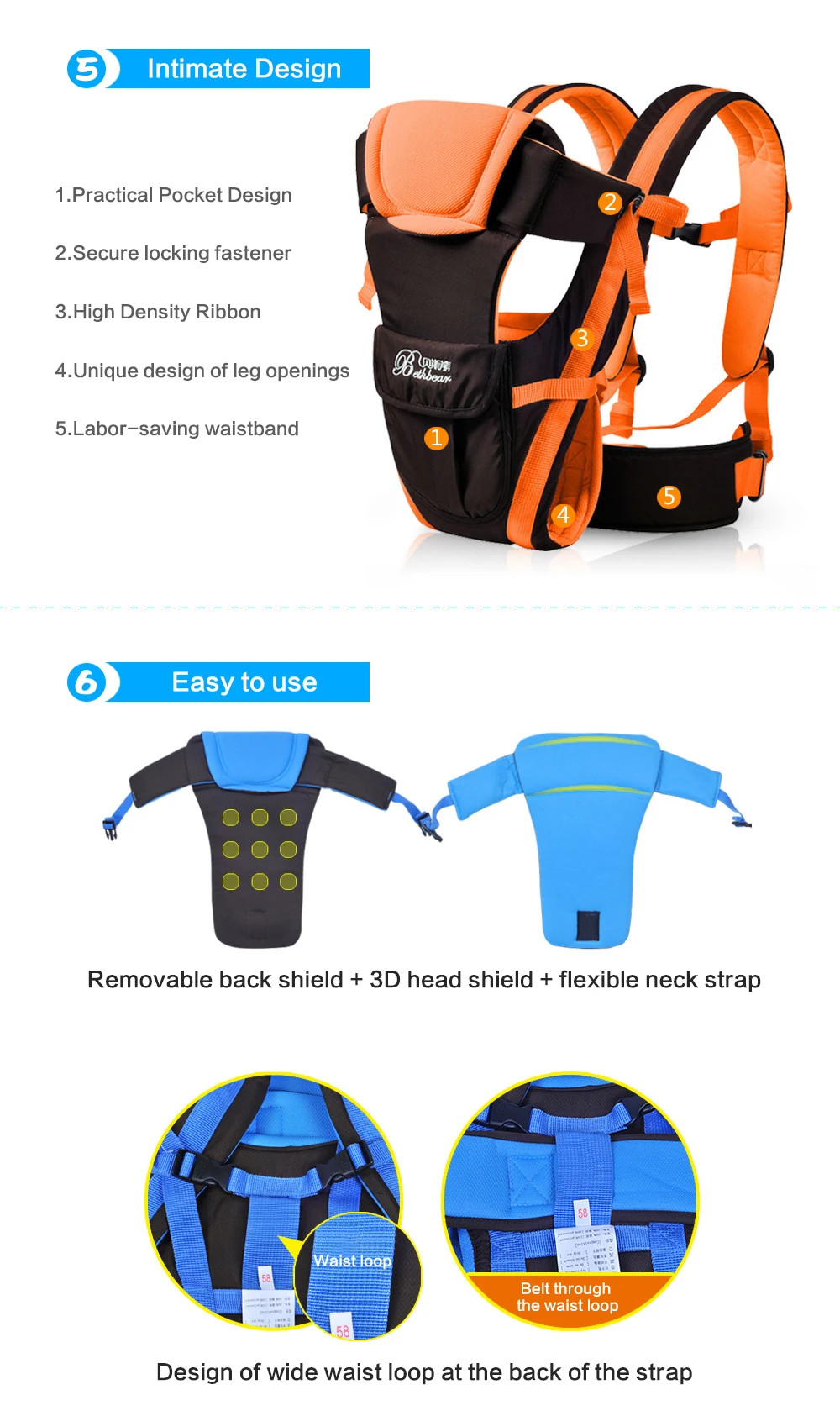 _08New Beth Bear 0-30 Months Breathable Front Facing Baby Carrier 4 in 1 Infant Comfortable Sling Backpack Pouch Wrap Baby Kangaroo