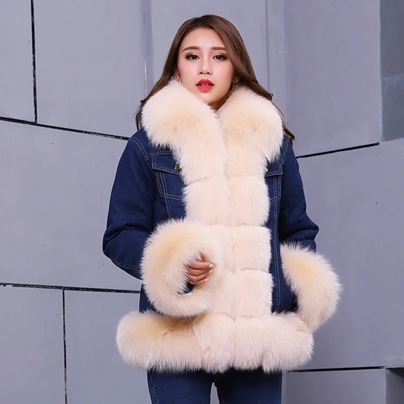 Jeans Courtes Vestes Épais Parkas Réel Fourrure Casual Veste Femelle Femmes Doublure De color Vintage Hiver Amovible 3 Manteau color Parka Renard Color Denim 1 2 rfwqrYXx