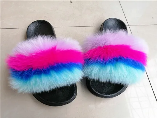 COOLSA Hot Women's Striped Plush Fur Slippers Super Fluffy Furry Fox Fur Slides Travel Quick Drying Beach Flip Flops Plus Size - Цвет: as picture shows