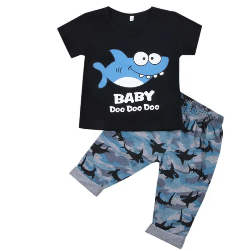 

2019 Summer Toddler Kids Baby Boy Clothes Set Shark Short Sleeve Tops + Long Pants Outfit Set Kids Casual Clothing