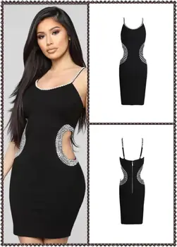 

High Quality Sleeveless Sequare Collar Beading Celebrity Cute Dress Cocktail Party Bodycon Dress