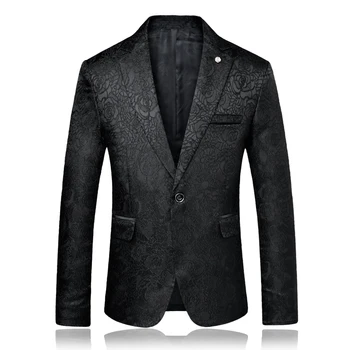 

Solid Black Blue Mens Rose Printed Blazer Fashion Male Clothing Nightclub Party Stage Costumes For Singers Slim Fit Coat