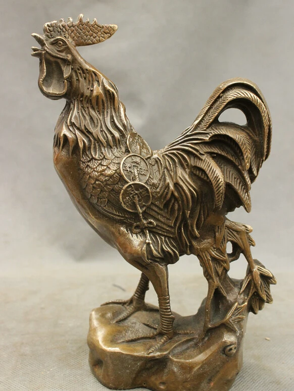 

S4643 8" Folk Chinese Bronze Copper Year Zodiac Coin Cock Rooster Up Head Statue Set D0317