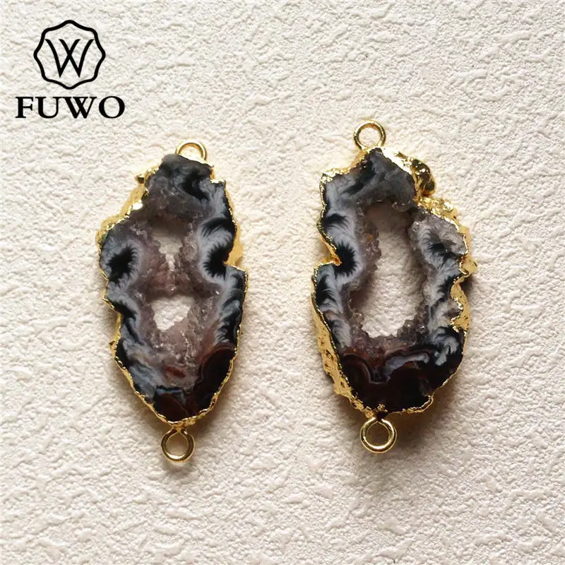 FUWO фрагмент жеоды Connector 24k Gold Electroplate Edge Black Gray друзовый кварц двойные подвески