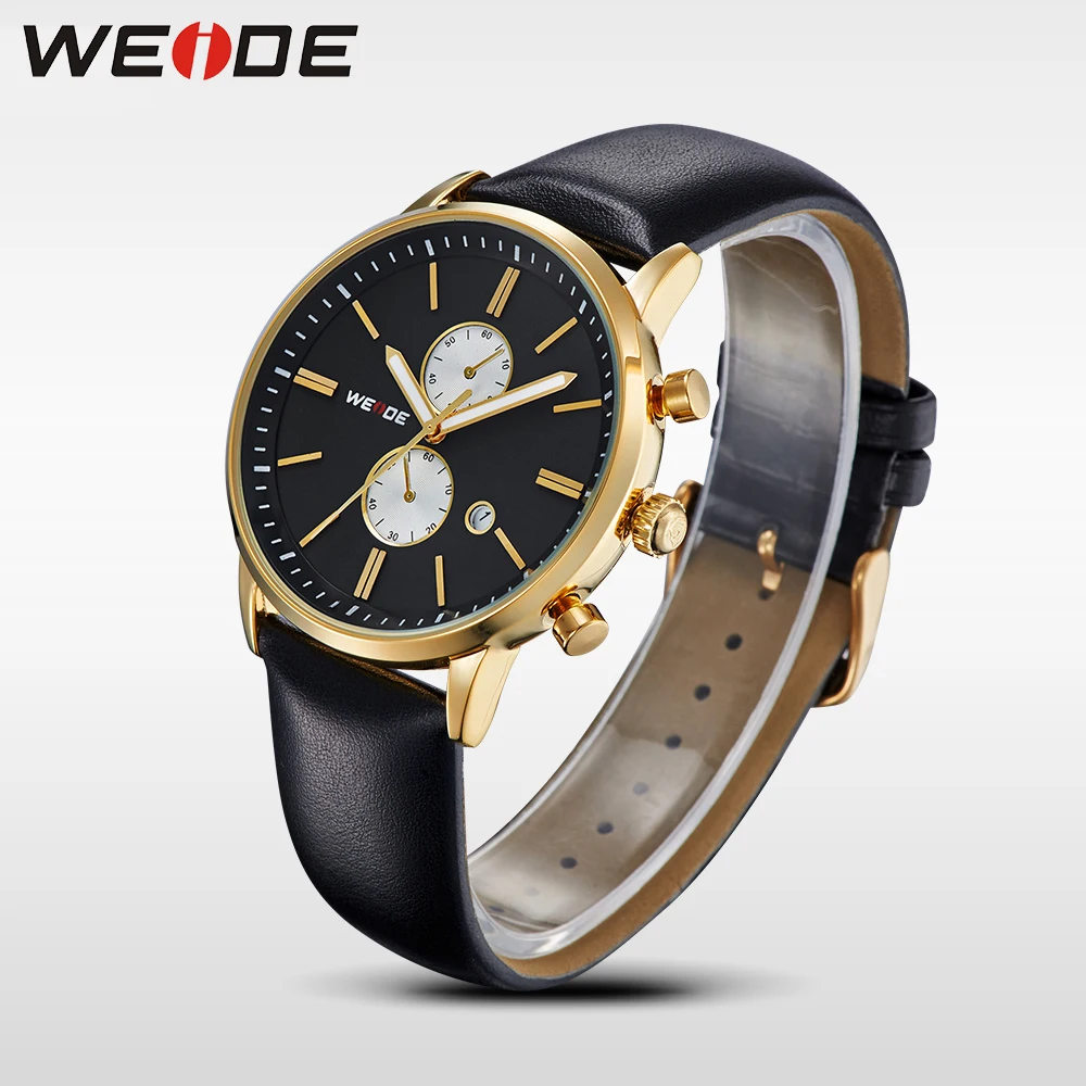 WEIDE Brand Business Casual Black Gold Watch Men Genuine Leather Strap Japan Quartz Movement Calendar 3ATM Waterproof Wristwatch