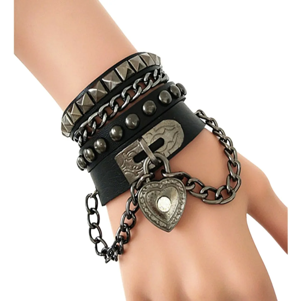 

Bracelet of Punk Rock Rivet Wrap Bracelet Retro Multi Circle Unisex Heart Chain PU Leather 4-Color Creative