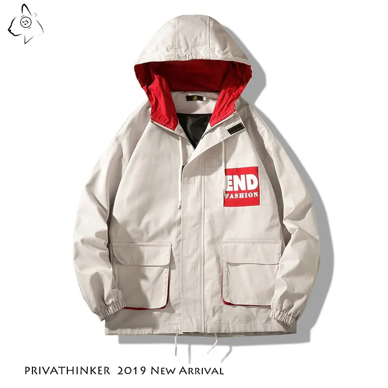 Privathinker 2019 Autumn Man Safari Style Jackets Mens Streetwear Zipper Windbreaker Jackets Male Pockets Casual Jacket Oversize