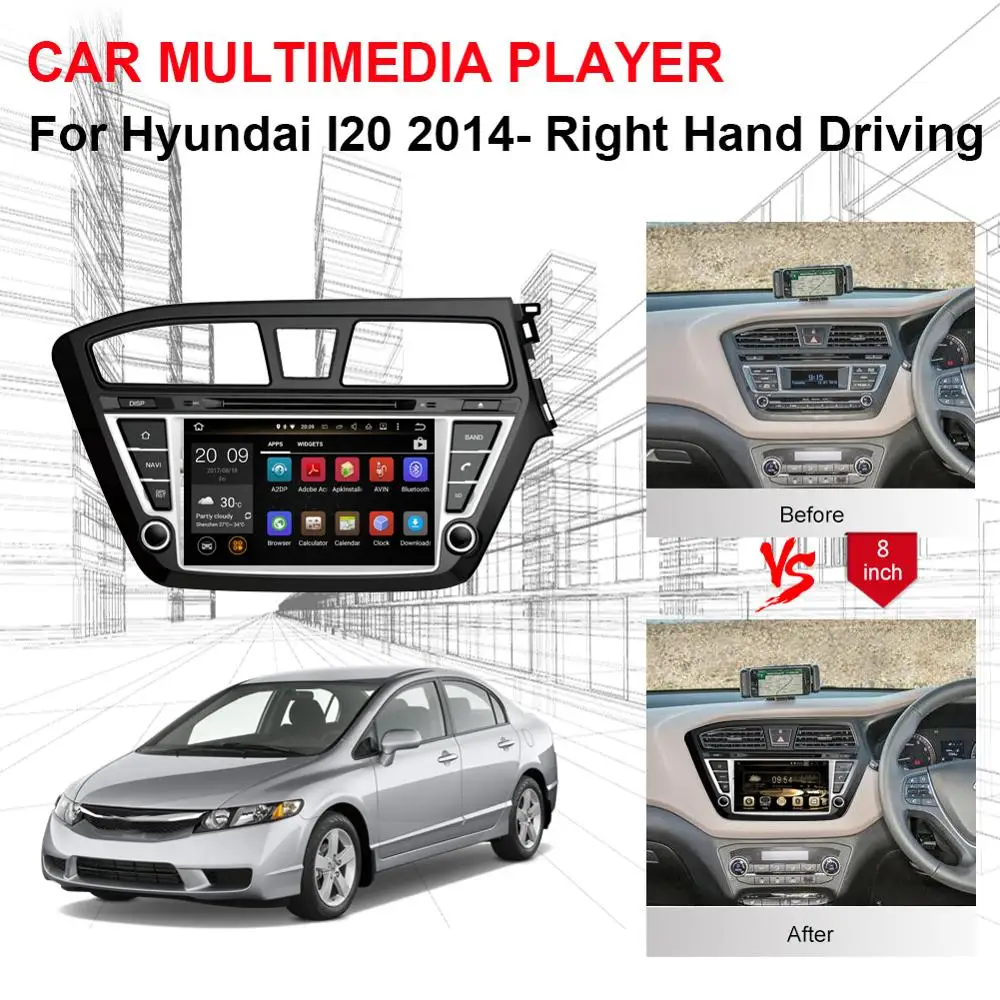 Top 7 Inch Android 8.0 Octa Core 4GB RAM Car CD DVD Multimedia Player For Hyundai I20 2014- Right Hand Driving Auto Radio Stereo 3