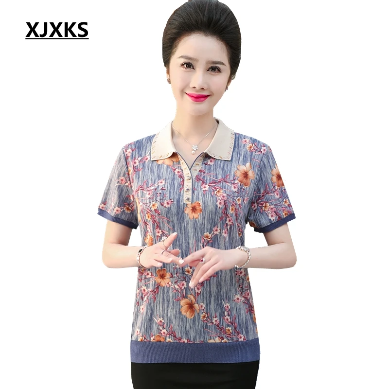 

XJXKS 2019 New Summer Vintage Women T-shirt Turn-down Collar Short Sleeve Tops Thin printing Casual Women T-shirt Tops
