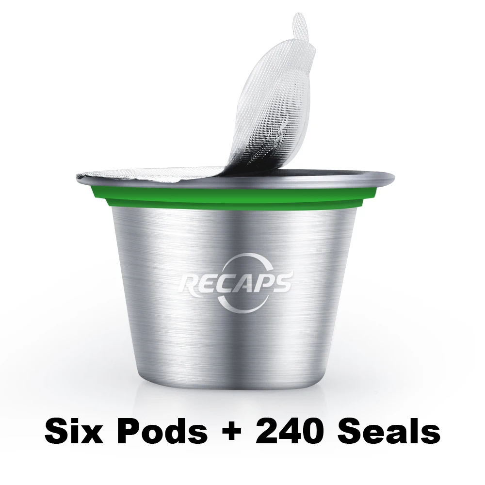 

6 Cups/Pack Stainless Steel Refillable ReusableCoffee Capsule Pod Compatible for Nespresso Machines Maker(6 Pods+ 240 Lids)