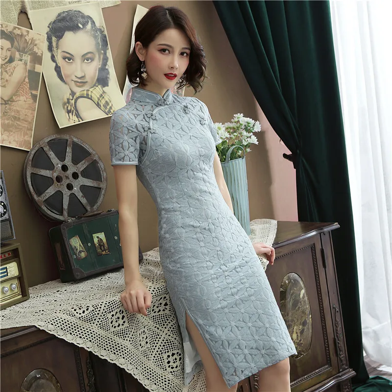 Модное белое традиционное китайское платье Qipao современное кружевное