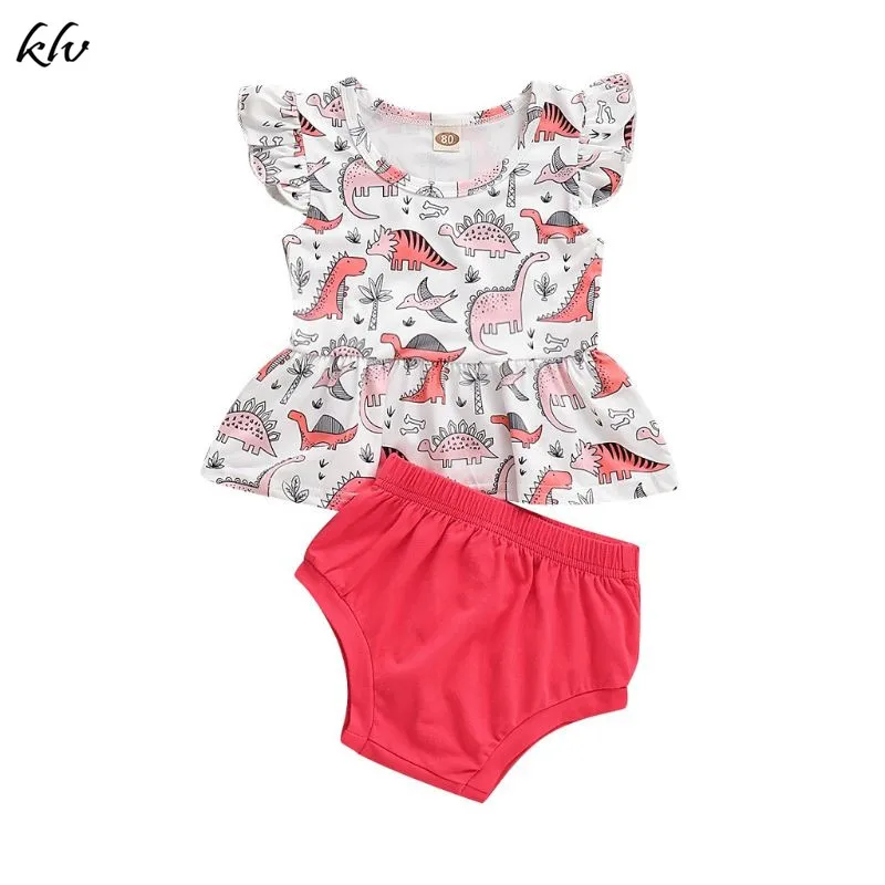 

Newborn Baby Girls Clothes Dinosaur Print Fly Sleeve Tops T-Shirt Dress + Short Pants Outfits For 12M-5Y