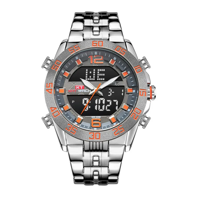 KAT-WACH мужские часы, 5 бар, полностью нержавеющая сталь, двойной дисплей, мужские часы, Топ бренд, роскошный светодиодный дисплей, мужские часы - Цвет: KT1802-orange