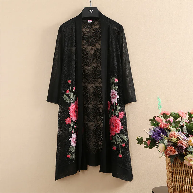 

Vintage Style Half Sleeves Black Lace Summer Ladies Mesh Openwork Cardigan With Embroidery Elegant Mother Cover Ups Outside Coat