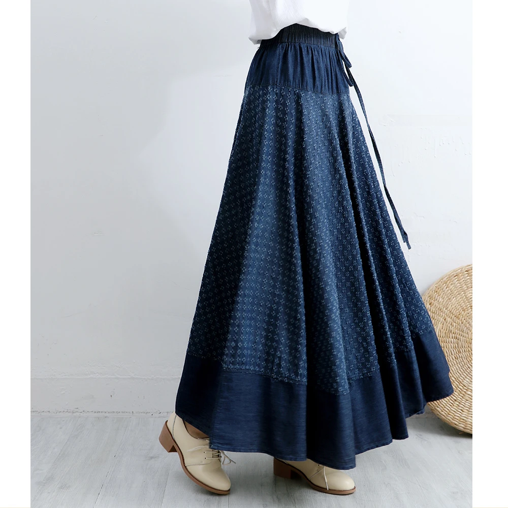 Envío Gratis 2019 nuevo Vintage largo Maxi A line faldas mujeres con cintura elástica para primavera y otoño Denim Jeans azul falda verano| Faldas| -
