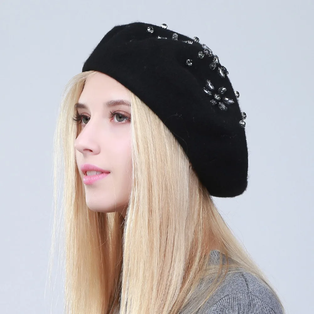 Geebro Women's Cashmere Beret Hat New Winter Floral Rhinestone Knitted French Artist  Cap Femme Plain Black Wool 4