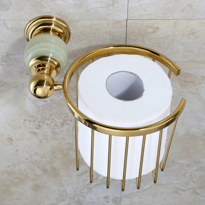 

New Wall Mounted luxury brass copper & jade gold Toilet Paper Holder Basket Tissue Bar Bathroom accessories--MDP4654