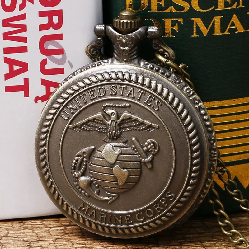 

Retro United States Marine Corps Theme 3D Bronze Quartz Pocket Watch With Necklace Chain Gift For Men Women Boys