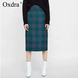 Oxdra для женщин зеленый плед Юбки для горячее предложение мода довольно высокая талия с поясом Женская одежда