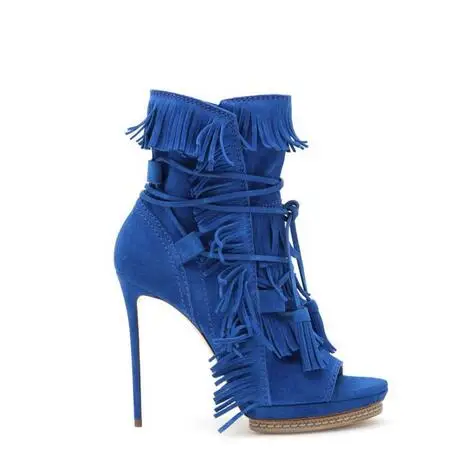 2017 Newest Woman Autumn Tassel Short Boots Beige Black Blue Suede Fringed Lace-Up Ankle Boots Sexy Open Toe High Heel Boots