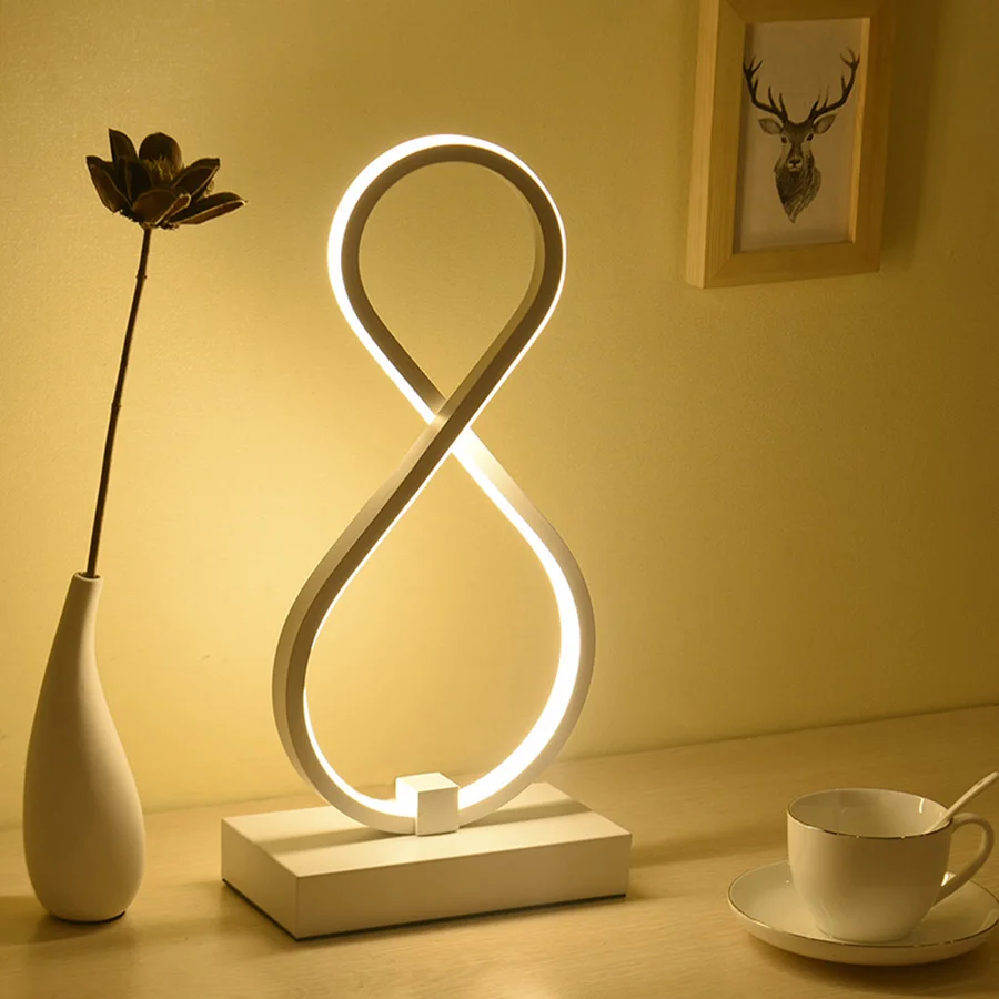 

Thrisdar Modern Minimalist 8 Word Shape LED Desk Table Lamps Bedroom Bedside Eye Protection LED Warm Art Table Night Lamp