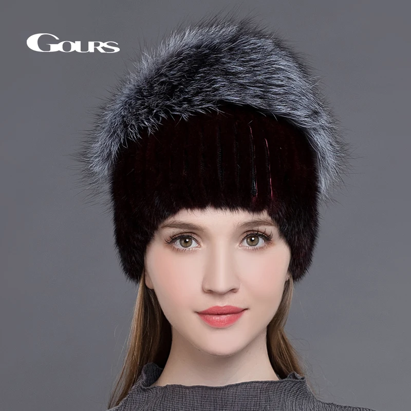 Gours, натуральный мех норки, шапки для женщин, натуральный мех серебристой лисы, шапки для русской зимы, теплые модные шапочки высокого качества, новое поступление