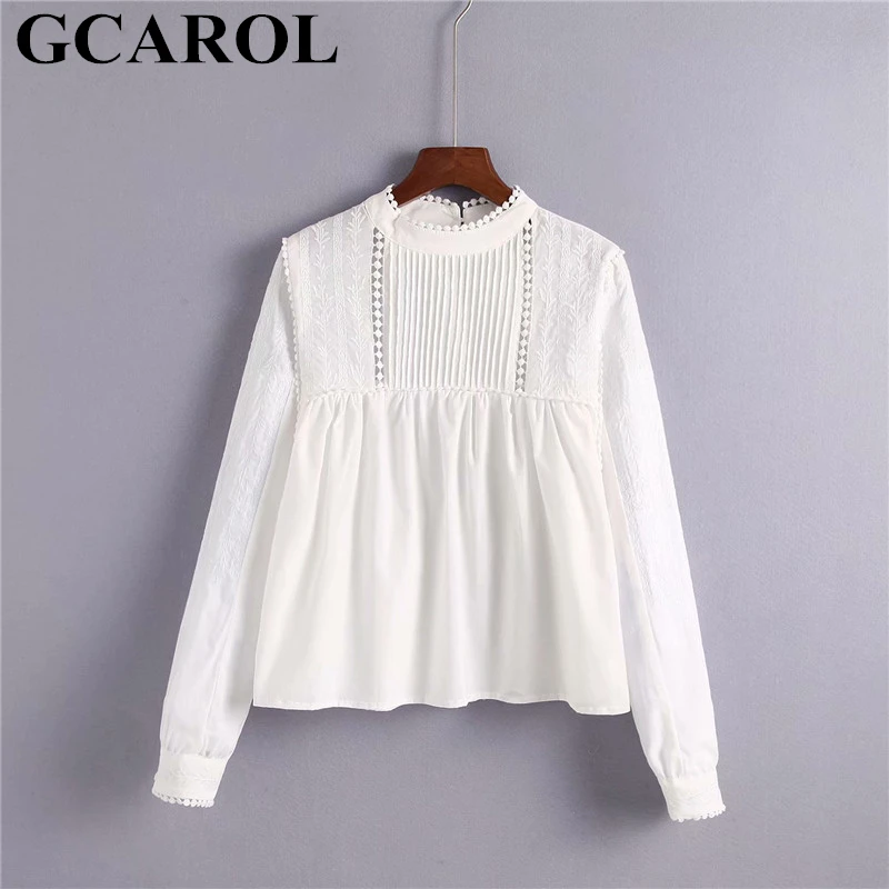 Cena GCAROL 2018 New Arrival Jesień Zima Standardowy Kołnierz Kobiety Haft Floral Bluzka Biała Słodkie Słodkie Koronki Topy Koszula