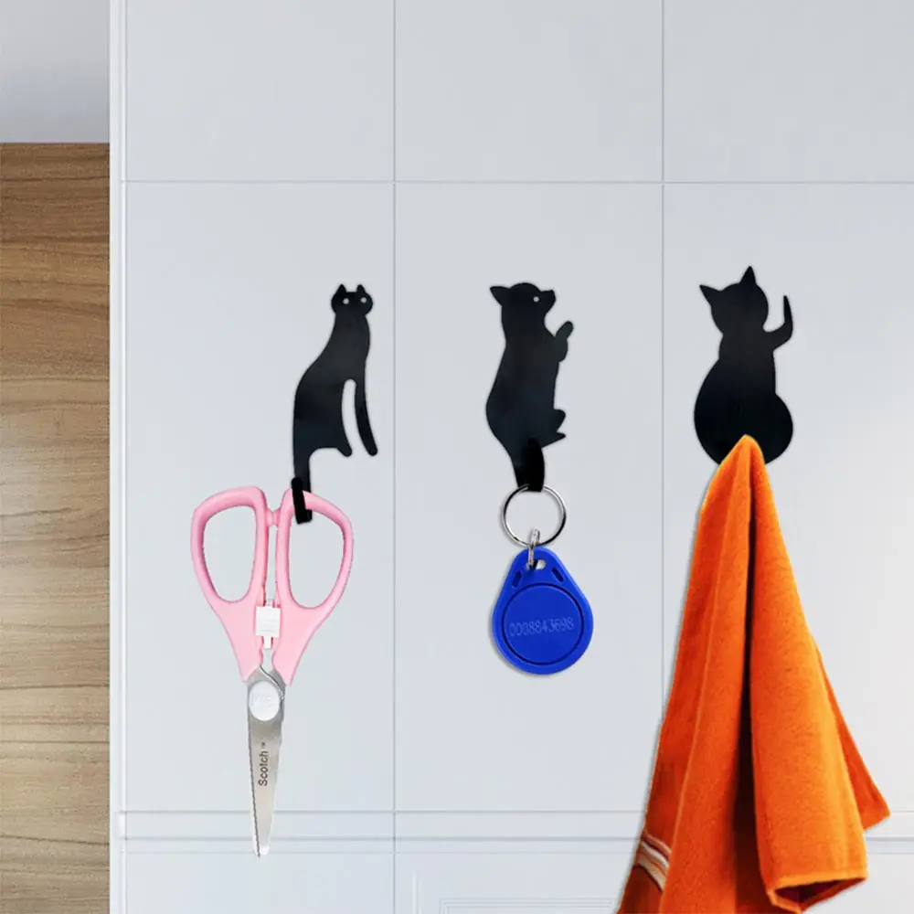 3PCS/set Modern Simple Metal Cat Wall Hooks Wood Wall Decorative Hook Hangers Accessory For Clothes Keys Sundries
