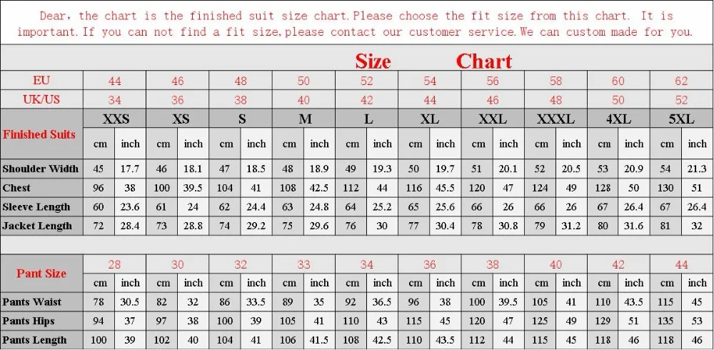 Mens Tuxedo Size Chart