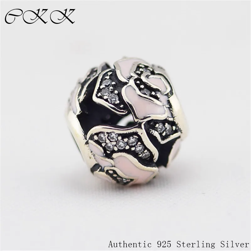 

Authentic 925 Sterling Silver Rose Beads With Clear CZ & Pink Enamel for Jewelry Making Fit Bracelets DIY Fine Jewelry YL211