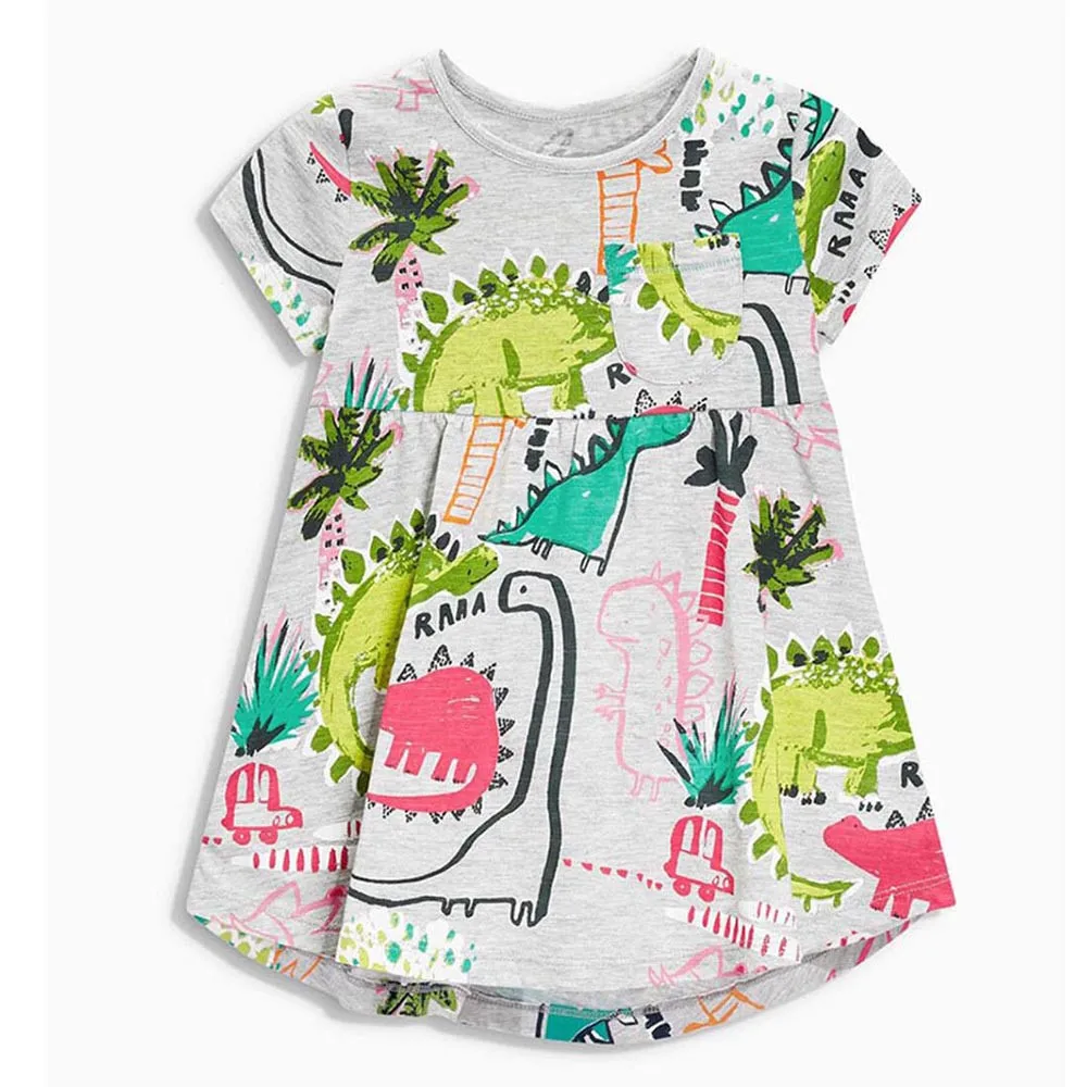 Платье для девочек; платье с динозавром для маленьких девочек; Хлопковое платье с круглым воротником; коллекция года; летние платья для девочек; праздничное платье для девочек с рисунком динозавра;# Zer
