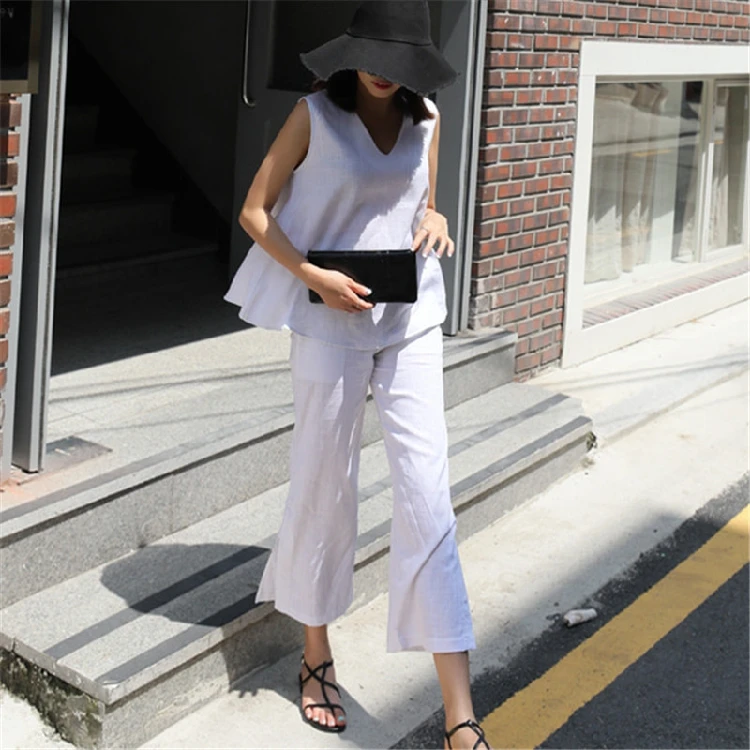 

V-neck pants 2018 Summer Cotton and linen Womans Sets Solid Color Female Casual Two-Pieces Suits Loose vest pants