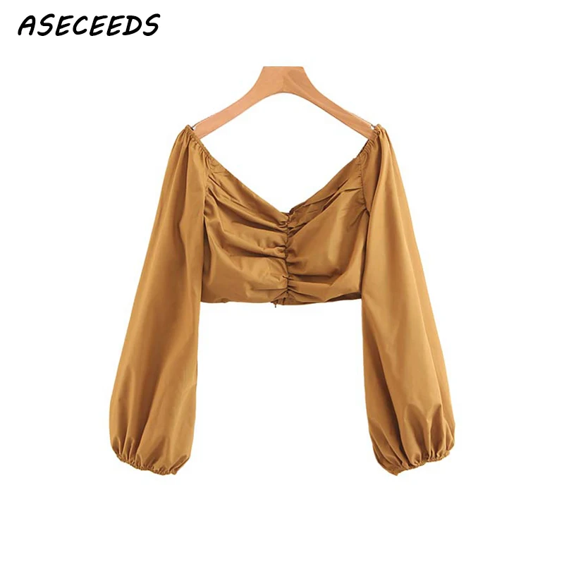 

Cold off shoulder tops Korean fashion vintage slash neck pleated backless long sleeve crop top sexy blouse blusas streetwear