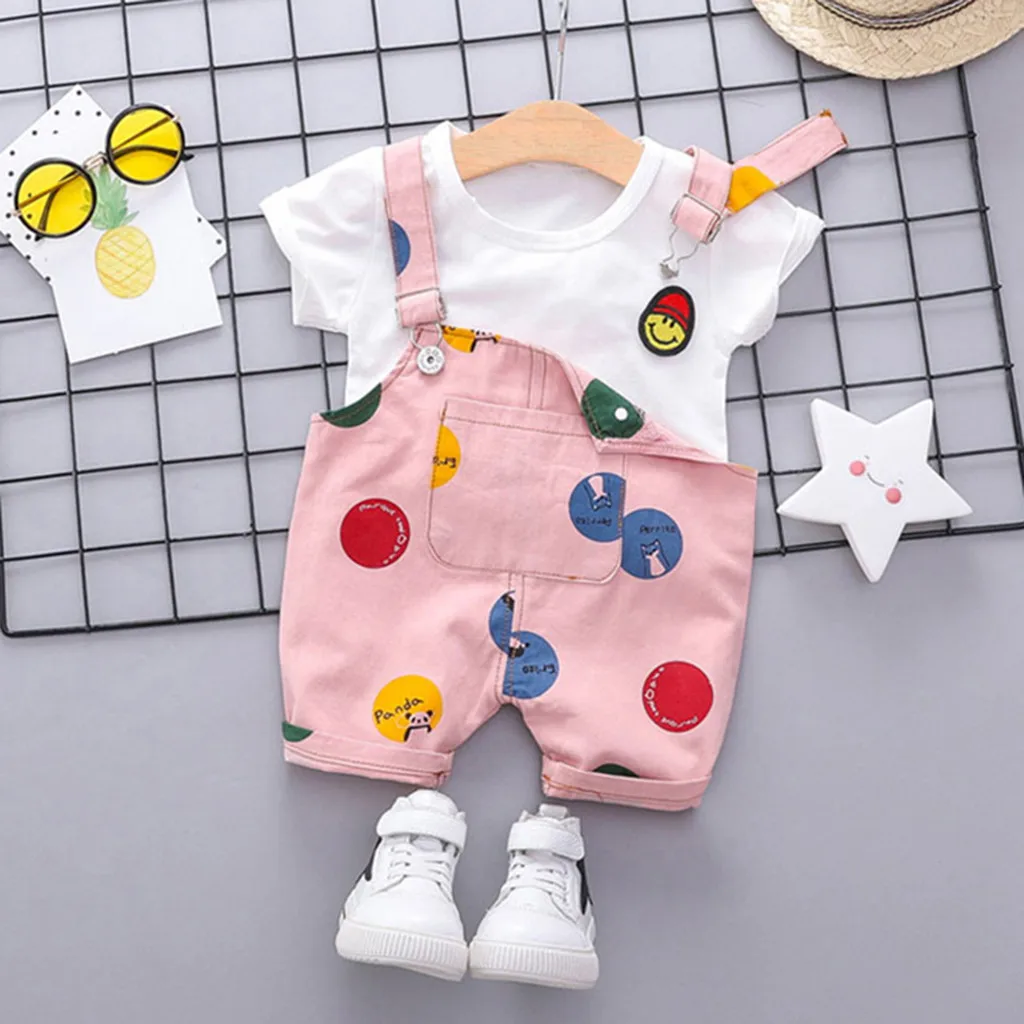 

Newborn baby Girl boy clothes Toddler Kids Baby Boy Girls Outfits Clothes Smile Face T-shirt+Straps Shorts Set roupa infantil