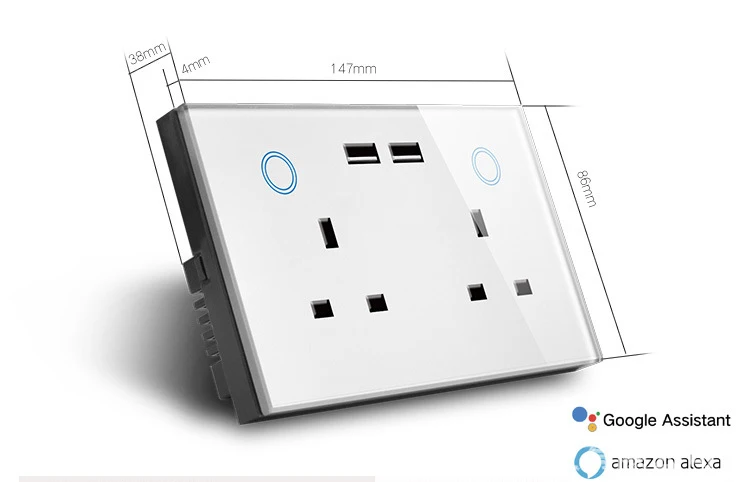 147 Великобритания стандарт USB настенная розетка питания, OEM ODM закаленное стекло панель WiFi двойной USB двойной штепсельная розетка, 147*86 мм