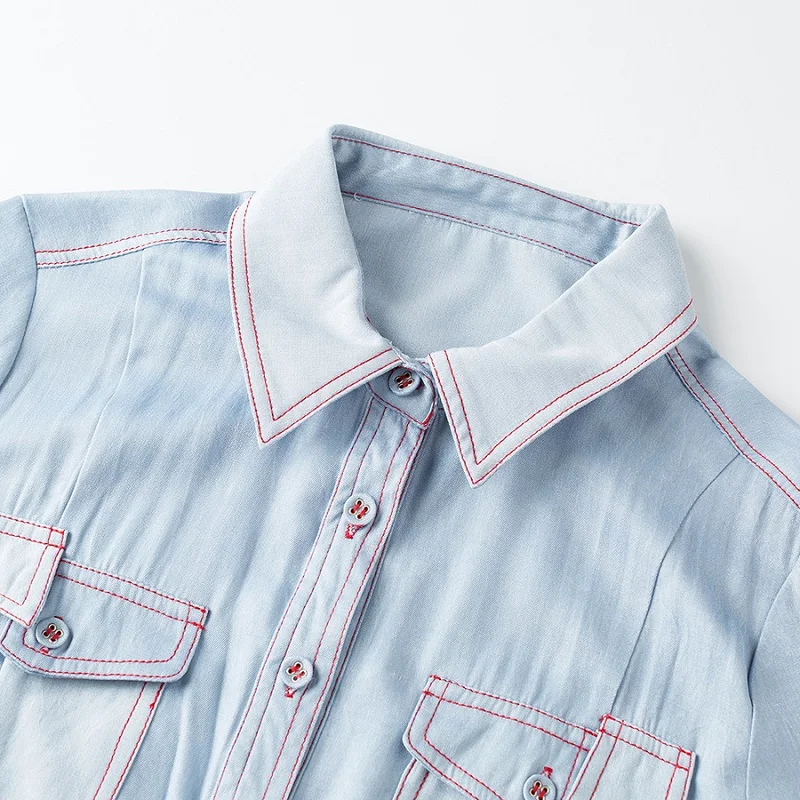 2019 Summer Fashion Denim Dress High Quality Women Turn-down Collar Red Color Block Stitch Bust Pockets Blue Jeans Dress Ladies