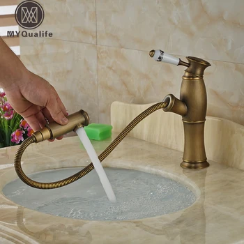 

Antique Brass Bathroom Pull Out Wahsbasin Mixer Taps Deck Mounted Ceramic Handle Kitchen Basin Faucet