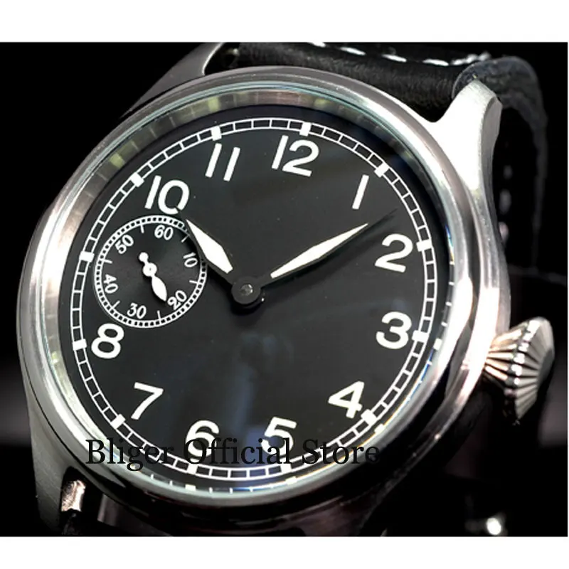 

Classic Big Crown 47mm Hand Winding Men's Watch With 6497 Mechanical Movement Black Dial