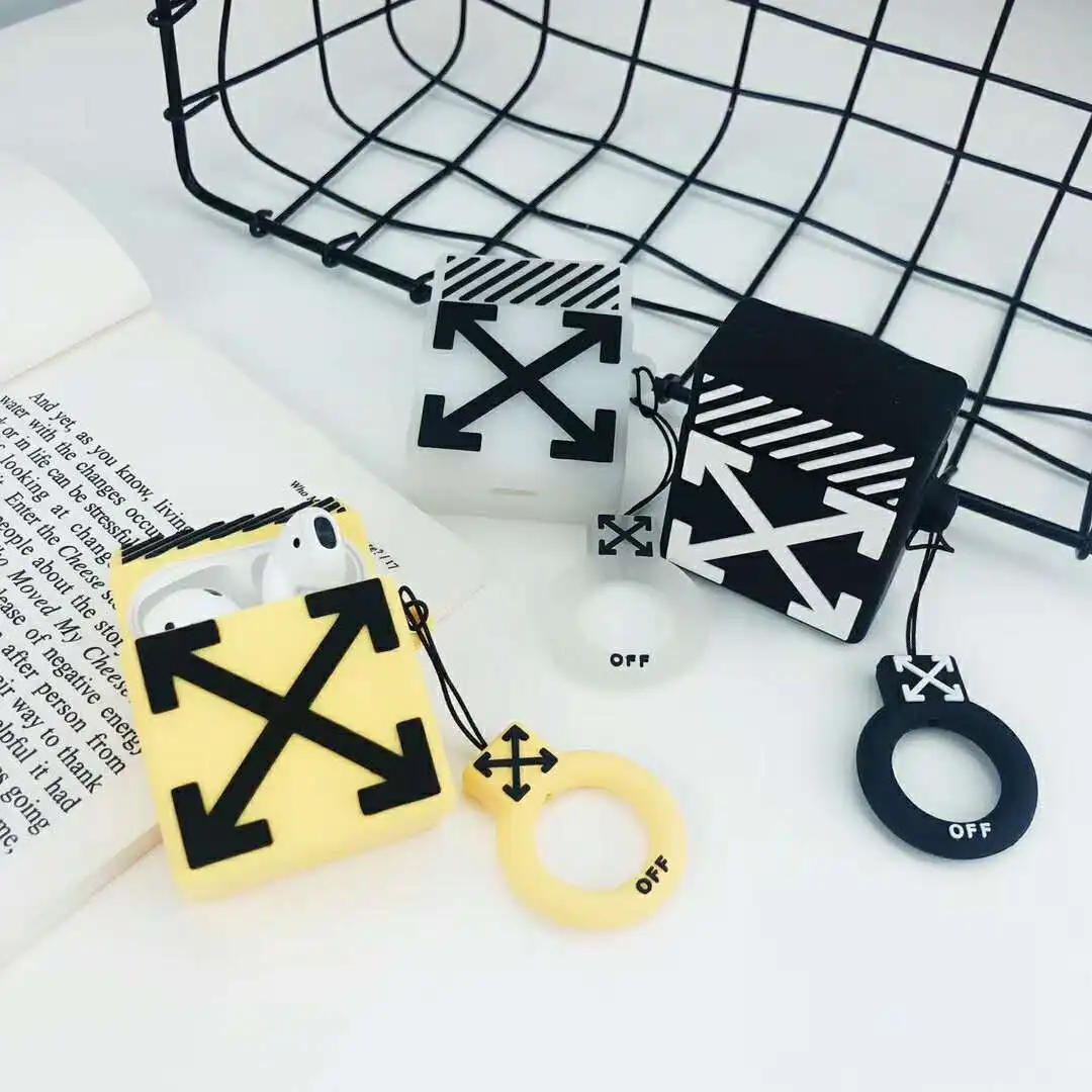 

Luxury Brand Off Square Bluetooth Wireless Earphone Cover Case For AirPods Protect white Kaws Accessories Charging bag Lanyard