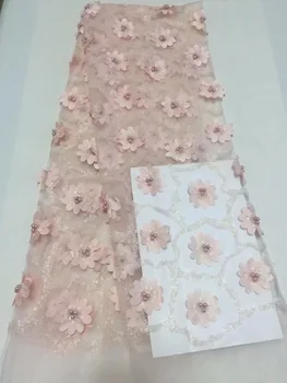 

High end french lace fabric black and pink beads party dress lace african lace fabric peach 5 yards per lot