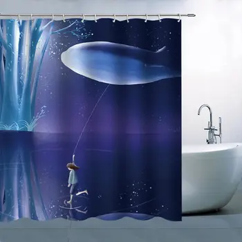 

Character Shower Curtain Set Girl Holding Whale Balloon Running On Surface Of Lake Waterproof Polyester Bath Curtain Floor Mat