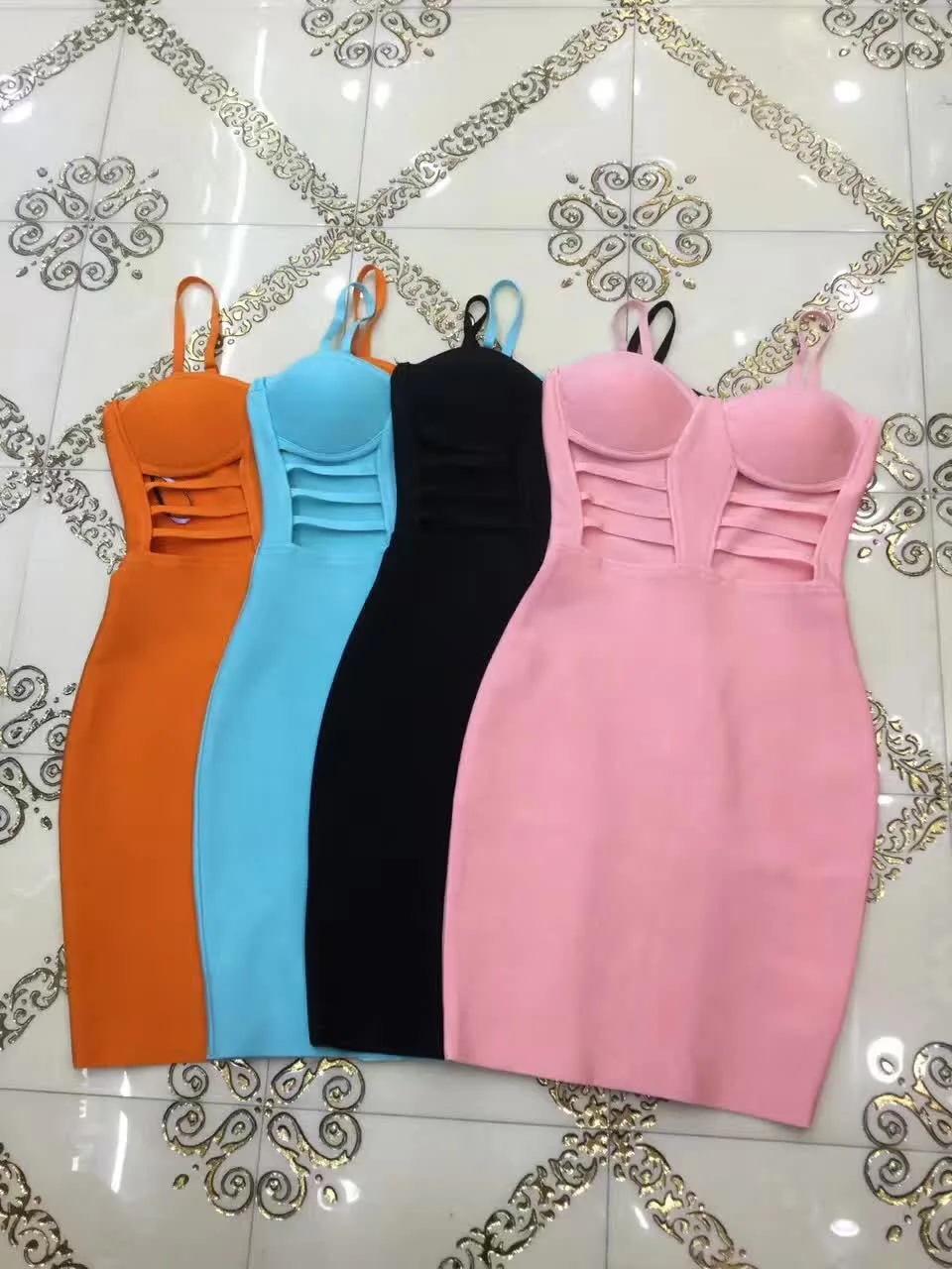 

2017 Women Orange Pink Sky Blue Black Cutout Bodycon Spaghetti Strap Sexy Bandage Dress Wholesale