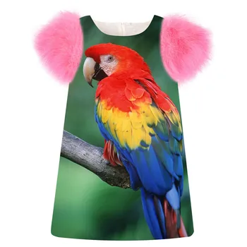 

nice Girls Dress Color the parrot print fashion Birthday party winter autumn faux fur sleeve Toddler Kids baby Children Clothing