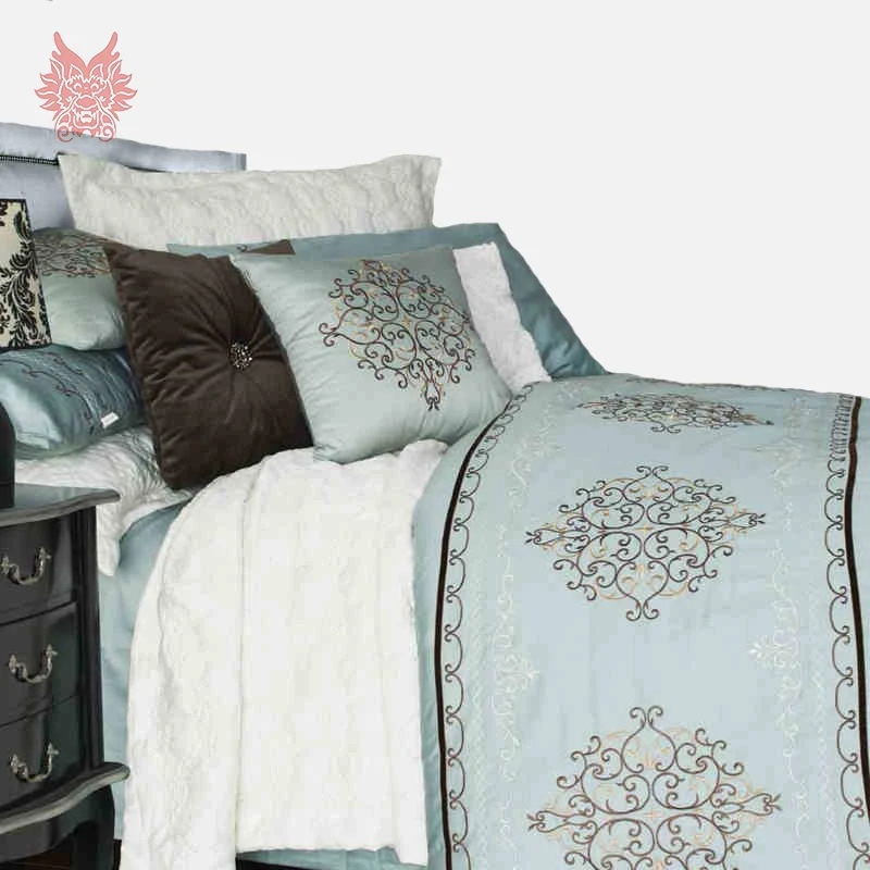 

Home textile Light blue retro embroidery tribute silk bedding sets100%cotton duvet cover Bed sheet Pillowcase 4pcs/lot SP1394