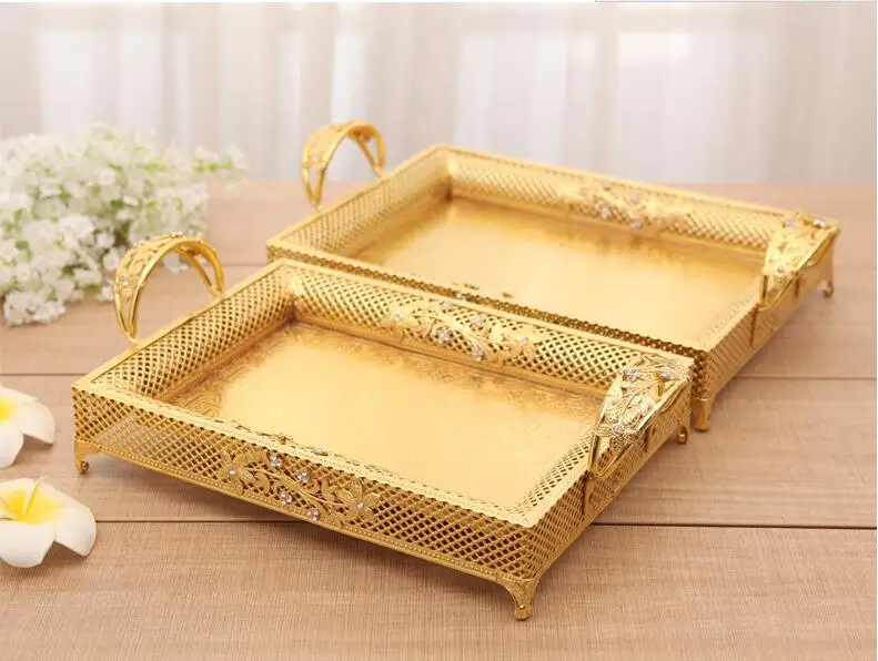 European fashionable rectangular hollow metal tray diamonds decorative