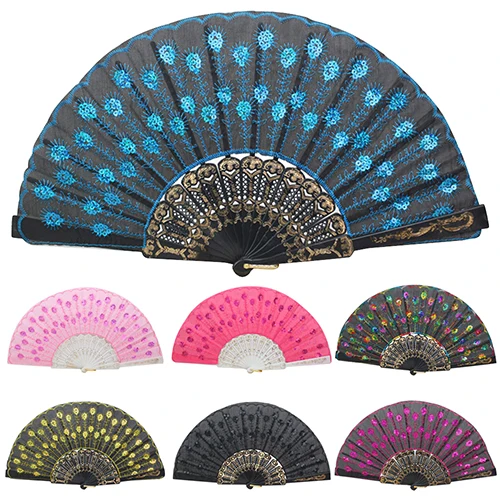 

Embroidered Sequins Hand Lace Flower Folding Fan Dancing Wedding Party Decor