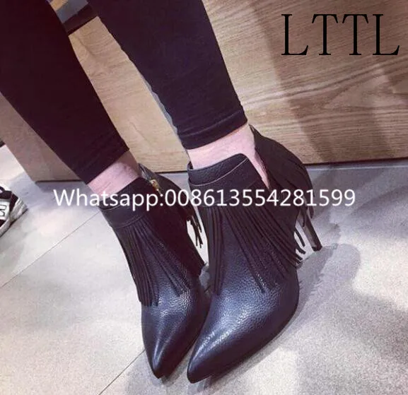 2017 Hottest Selling Pointed Toe Fashion Fringe Solid Grew Black Leather Ankle Booties Med Thin High Heels Women Spring Booties