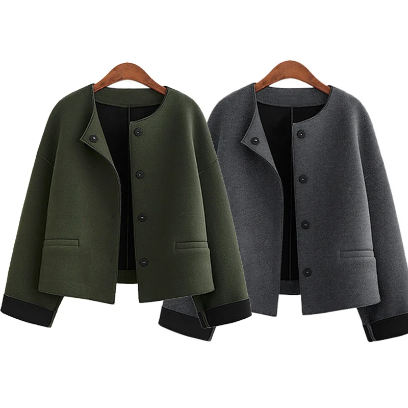 Autumn Winter Women Tweed Jacket Woolen Coats Full Sleeve